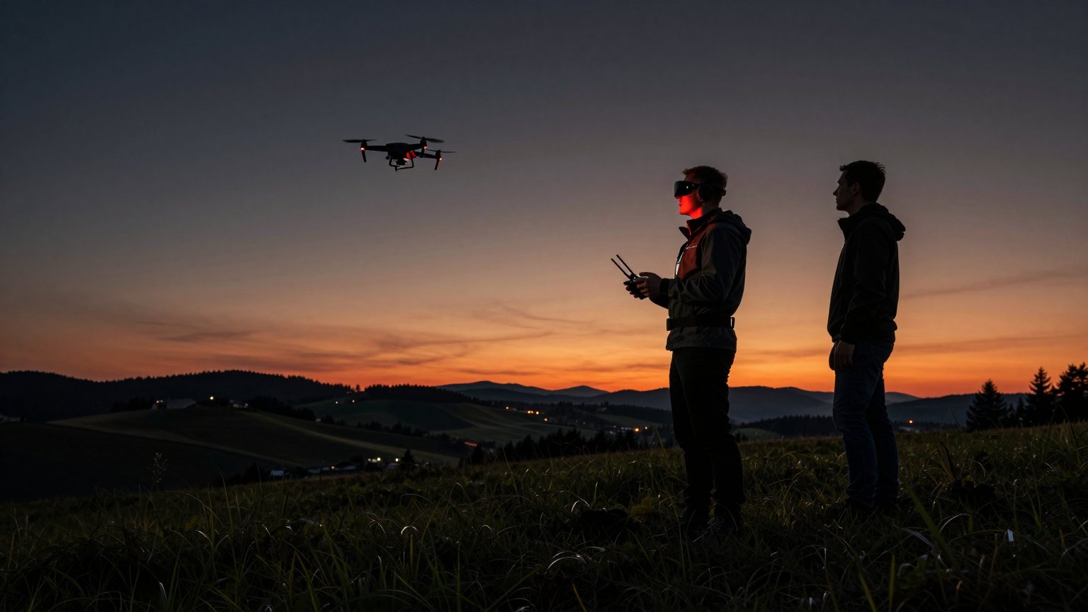 Drohnenpilot mit FPV-Brille und Fernsteuerung, daneben ein Beobachter, über ihnen eine Drohne in der Abenddämmerung über hügeliger Landschaft