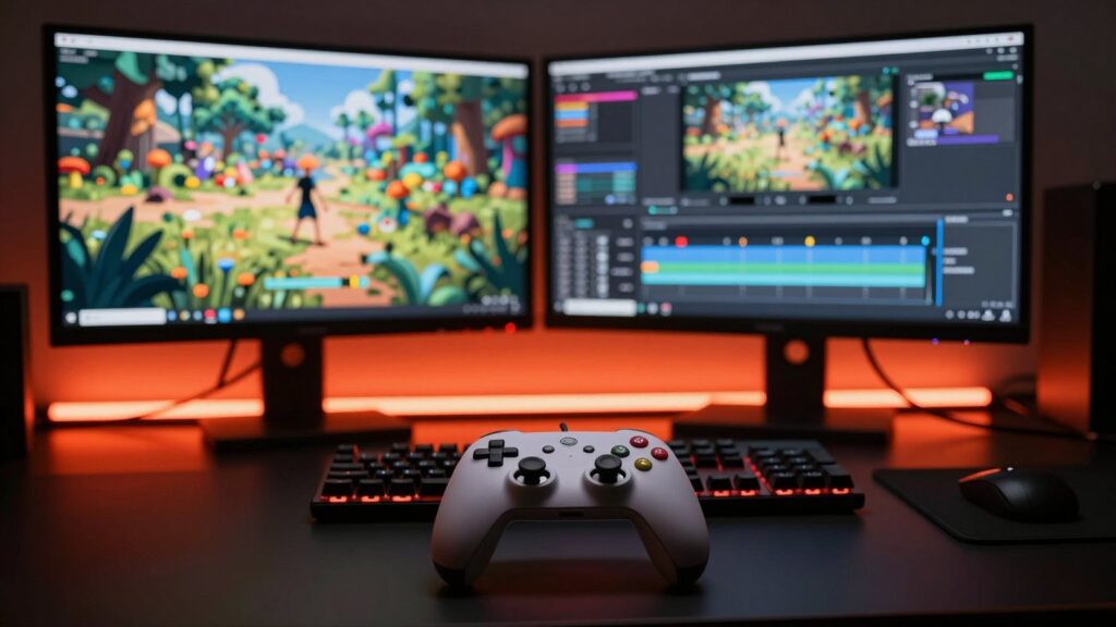 Gaming- und Schnittplatz mit Controller und Tastatur vor zwei Monitoren mit Spielszene und Schnitt-Zeitleiste, rotes LED-Licht