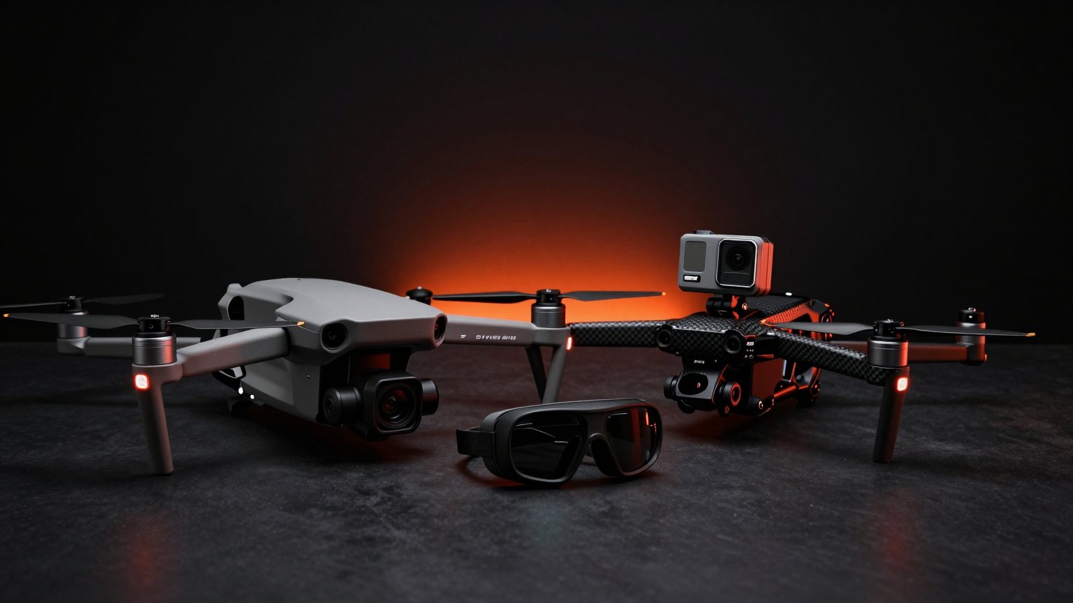 Graue Kameradrohne mit Gimbal-Kamera neben einer schwarzen FPV-Drohne mit Actionkamera, davor eine FPV-Brille, rotes Gegenlicht