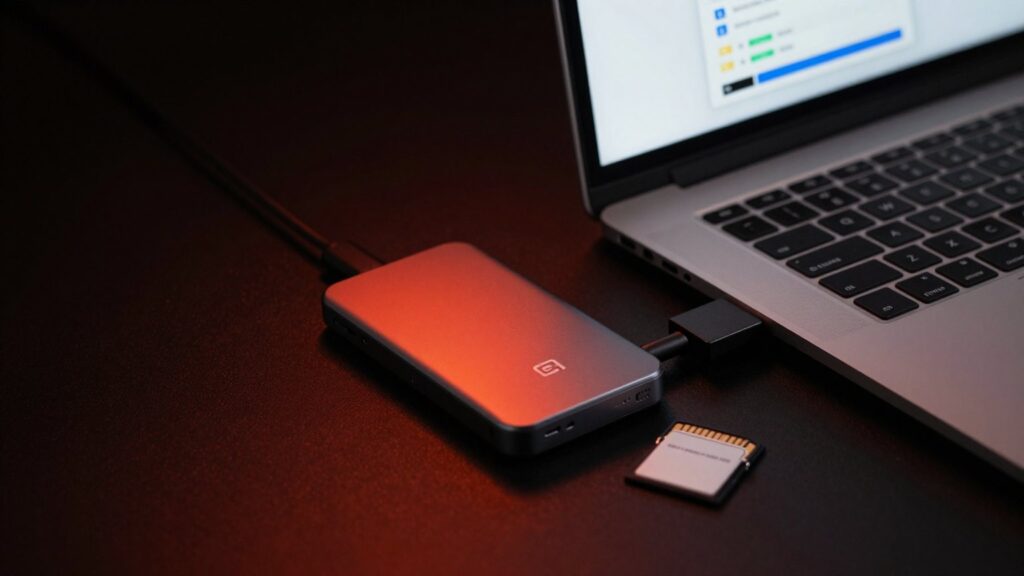 Externe SSD per Kabel an einem Laptop, auf dem Bildschirm ein Kopierfortschritt, daneben eine Speicherkarte